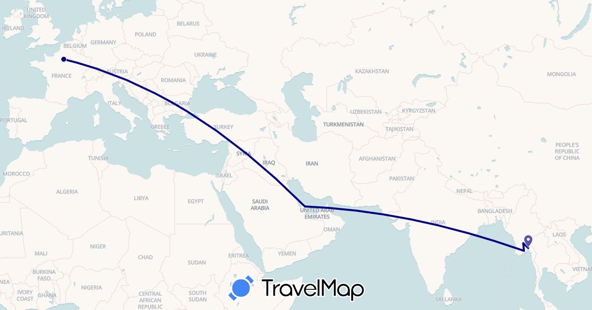 TravelMap itinerary: driving in France, Myanmar (Burma), Qatar (Asia, Europe)